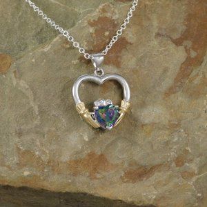 Silver & Gold Claddagh Rainbow Topaz Necklace